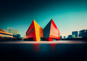 Poster - A modern building with sharp geometric shapes and vibrant colors of orange and red stands prominently in an urban setting under a clear blue sky.