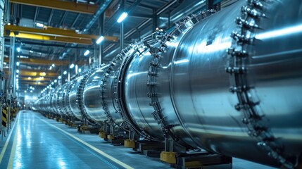 Poster - A neat row of large industrial compressed gas tanks in a factory, under bright lights, showcasing their metallic surface and robust design