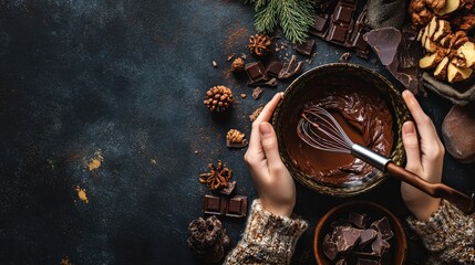 Poster - A pair of hands holding a bowl of smooth, melted chocolate with a whisk, preparing to combine it with other ingredients for a delicious recipe