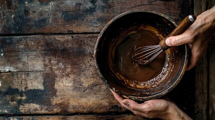 Poster - A pair of hands holding a bowl of smooth, melted chocolate with a whisk, preparing to combine it with other ingredients for a delicious recipe