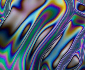 Poster - 3D illustration depicting a fluid, organic surface with shimmering colors. The refraction of light creates a mesmerizing mix of neon blues, greens, yellows and purples.
