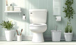 © RM Graphics - White ceramic toilet accompanied by essential bathroom accessories, including toilet paper and a brush, in a home interior setting