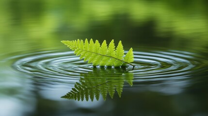 Aufkleber - A peaceful scene of a green fern leaf floating gently on a pond, surrounded by ripples and calm reflections in a tranquil natural setting