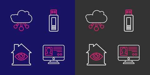 Poster - Set line Create account screen, House with eye scan, USB flash drive and Internet of things icon. Vector