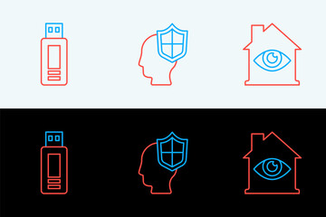 Poster - Set line House with eye scan, USB flash drive and Head shield icon. Vector