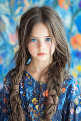 Wall Mural - A dreamy shot focusing on a young girlâ€™s glowing blue gaze, framed by the vivid paintings that