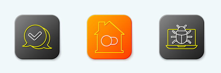 Poster - Set line Check mark in speech bubble, Smart home and System bug on monitor icon. Vector