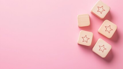 Wall Mural - Wooden Blocks with Star Rating on Pink Background for Reviews