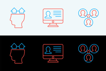 Poster - set line project team base, user of man and monitor with resume icon. vector