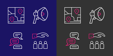 Poster - Set line Boss with employee, Speech bubble chat, Megaphone and Folded map location icon. Vector