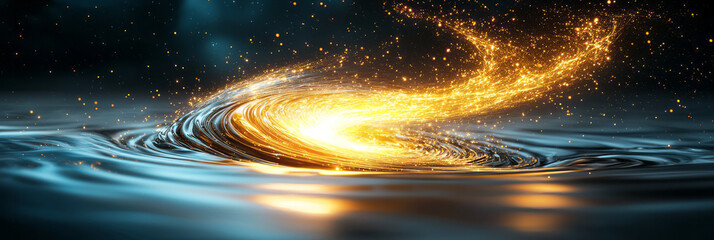 Poster - A radiant energy core piercing a liquid-like plane, gold filaments swirling around the focal point,