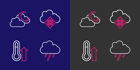 Poster - Set line Cloud with rain, Meteorology thermometer, snow and moon icon. Vector