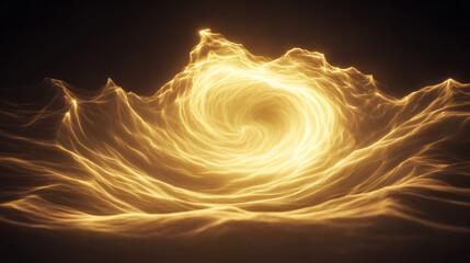 Poster - An ethereal pulse of light emerging from a wave-like pattern, surrounded by spiraling golden arcs,