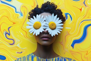 Canvas Print - Young woman with curly hair wearing yellow outfit and flower glasses against vibrant yellow abstract background, showcasing creativity and joy