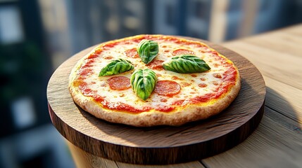 Sticker - A visually appealing round pizza with tomato sauce, mozzarella cheese, and pepperoni. Fresh basil leaves are arranged in a star pattern on top of the