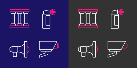 Poster - set line security camera, megaphone, pepper spray and prison window icon. vector