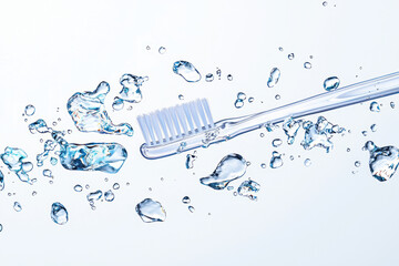 Poster - A dynamic composition of a toothbrush merging with transparent water arcs, droplets suspended