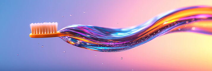 Poster - A vibrant close-up of a toothbrush handle melting into swirling water, tiny beads of liquid