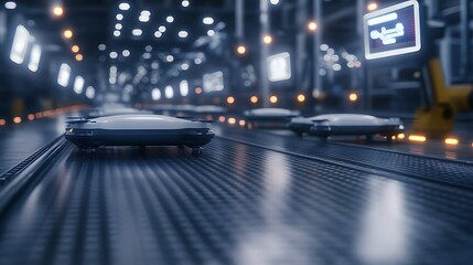 Poster - Automated warehouse with robotic carts moving along a conveyor in a modern industrial setting.
