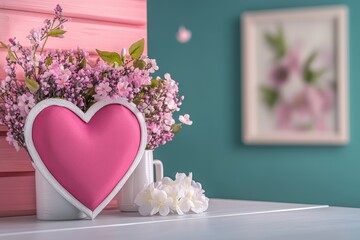 Wall Mural - Pink heart decoration with floral arrangements on a stylish table setting