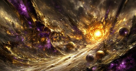 Wall Mural - Celestial explosion in cosmic landscape outer space digital art vibrant nebula wide angle astral wonders