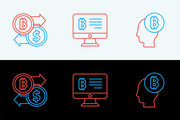 Poster - set line bitcoin think, cryptocurrency exchange and mining bitcoin from monitor icon. vector