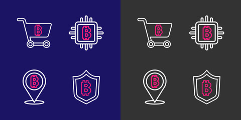Poster - Set line Shield with bitcoin, Bitcoin, CPU mining farm and Shopping cart icon. Vector