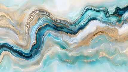 Poster - Abstract painting of a blue and gold wave with tulip flower design on textured surface