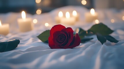 Wall Mural - A romantic scene with a red rose on a white bed, candles flickering softly, and delicate textures creating a dreamy and intimate honeymoon vibe