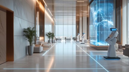 Poster - Next-level office lobby with robotic assistants, smart glass displays, and glowing floor panels