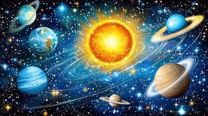 Wall Mural - Astronomical exploration of the solar system space digital art cosmic environment wide viewpoint science concept