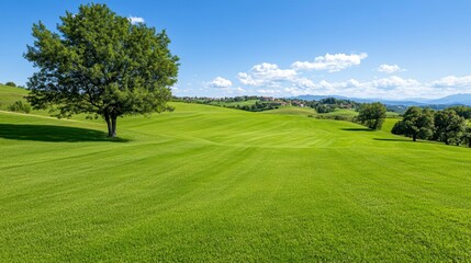 Wall Mural - Wide shot of a lush green field under a clear blue sky. A full, leafy tree stands alone in the center of the field, casting a small shadow. Rolling