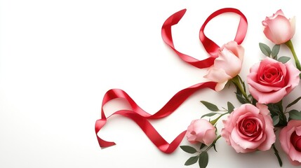 Poster - A romantic Valentine's Day design with delicate pink roses and a bold red satin ribbon curling around the floral arrangement