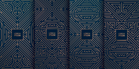 Wall Mural - vector set of art deco luxury, fancy frames, wine labels, gold on blue backgrounds. abstract premium