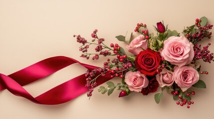 Poster - A romantic Valentine's Day design with delicate pink roses and a bold red satin ribbon curling around the floral arrangement