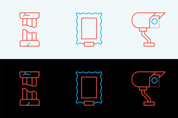 Poster - set line security camera, broken ancient column and picture icon. vector