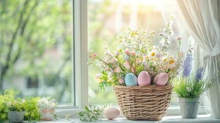 A rustic wicker basket filled with pastel-colored Easter eggs and small floral arrangements, sitting on a bright, sunlit windowsill in a cozy room