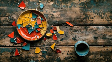 Poster - A rustic wooden table with a shattered ceramic plate, colorful pieces scattered around, and a broken cup beside it, creating a chaotic yet artistic scene
