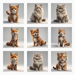 Poster - Nine portraits of adorable animals are arranged in a grid. Fluffy cats, foxes, and a tiger pose in a studio setting, looking directly at the viewer.