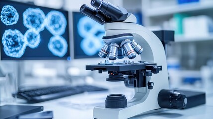 Poster - A scientific microscope focused on nanotech samples, with digital data monitors displaying intricate molecular structures in a sterile lab setting