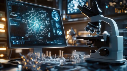 Poster - A scientific microscope zooming in on nanotech samples, with digital data screens displaying molecular structures, set in a modern laboratory