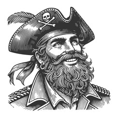 Wall Mural - cheerful pirate captain engraving sketch raster