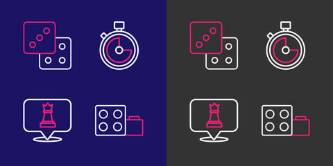 Poster - Set line Toy building block bricks, Chess, Stopwatch and Game dice icon. Vector