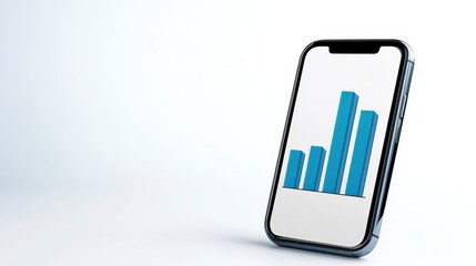 Poster - 3d rendering of a pixelated mobile device displaying a bar graph, isolated on a bright white background. The device is angled, showing the screen