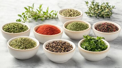 Poster - A selection of herbs and spices in bowls, showcasing bright colors and textures, perfect for culinary backgrounds and cooking themes