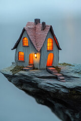 Poster - A whimsical paper home standing on a time-worn plank, the last rays of evening light softly
