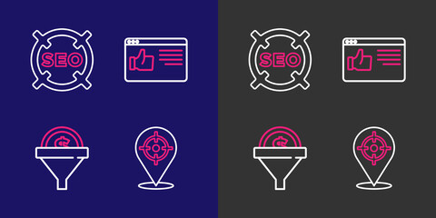 Poster - Set line Target sport, Lead management, Browser window and SEO optimization icon. Vector