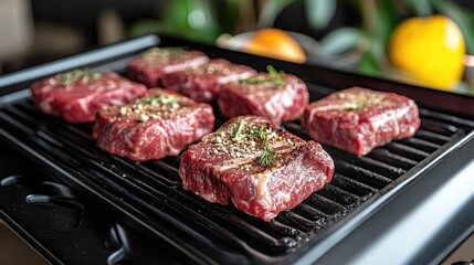 Aufkleber - A selection of raw beef steaks ready for grilling, with seasoning and grilling utensils nearby, creating a delicious, savory scene