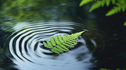 Aufkleber - A serene and tranquil pond scene with a green fern leaf floating gently on the water, surrounded by soft ripples and peaceful reflections