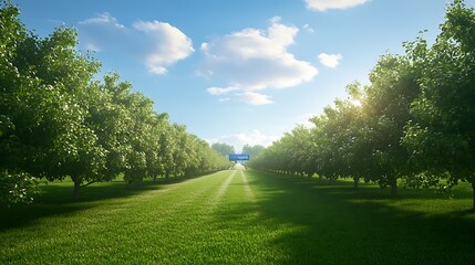 Poster - Lush orchard path bathed in sunlight with vibrant greenery and bright blue sky.